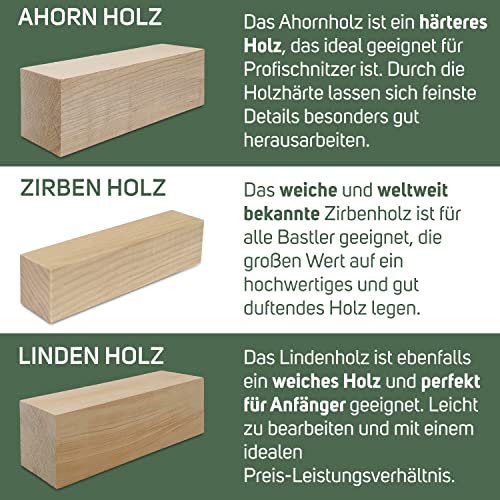 Edpas Schnitzholz Zirbenholz - 2er Set Holzblock (20x7x7cm) - Großes Schnitzholz Zirbel Rohlinge - Naturbelassenes Holz zum Schnitzen für Kinder - Drechselholz aus Zirbe
