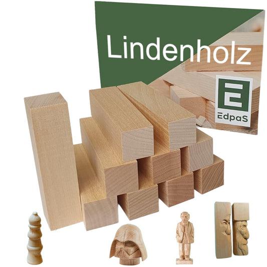 Edpas Schnitzholz Linde - 10er Pack Holzblock + Schnitzvorlage weiches Lindenholz zum Schnitzen - Praktische Holz Rohlinge zum Drechseln und Holz schnitzen mit Schnitz Vorlage - Schnitzholz für Kinder