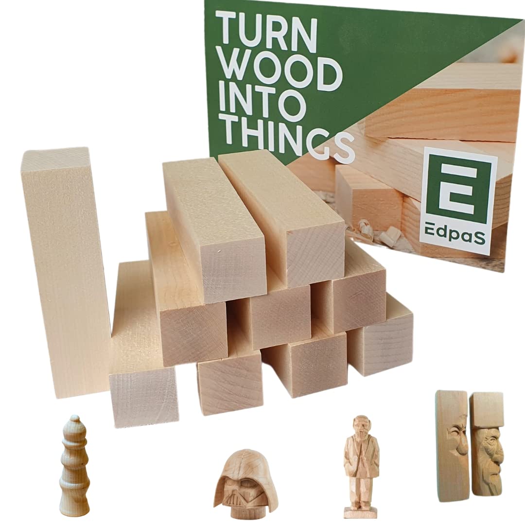 Edpas Schnitzholz Ahorn - 10 Stück Holzblock + Schnitzvorlage (10x2,5x2,5cm) - Ahornholz zum Schnitzen oder Bastelset - Praktische Holz Rohlinge zum Drechseln - Schnitzholz für Kinder