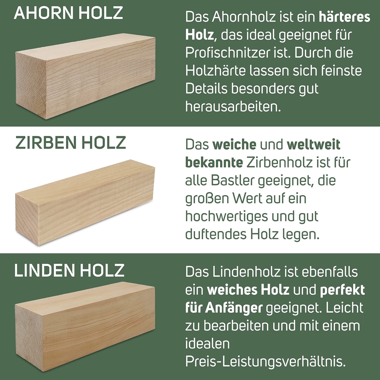 Edpas Schnitzholz Ahorn - 10 Stück Holzblock + Schnitzvorlage (10x2,5x2,5cm) - Ahornholz zum Schnitzen oder Bastelset - Praktische Holz Rohlinge zum Drechseln - Schnitzholz für Kinder